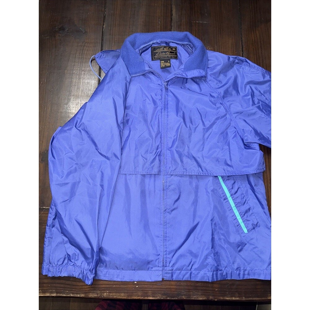 Vintage 90s Eddie Bauer Women's L Blue Windbreaker With Hood And Pockets